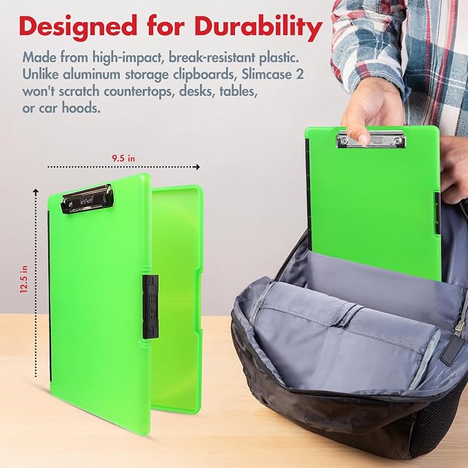 Dexas Slimcase 2 Plastic Clipboard with Storage and Side Opening, Neon Green, Office Supplies Clipboards to Organize, Carry and Store, A4 Holder, Style and Functionality Nursing Clipboard