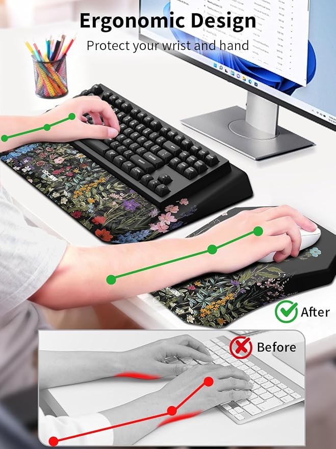 3-in-1 Ergonomic Keyboard Stand with Wrist Rest & Mouse Pad Set, Flower | Comfy Keyboard Riser Holder Soft Mousepad with Massage Design, Memory Foam and Non-Slip PU Base for Pain Relief
