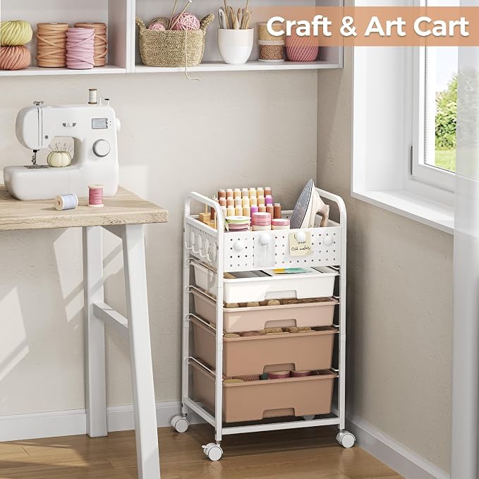 4 Drawer Rolling Storage Cart with Pegboard Top and Hooks, Brown | Mobile Organizer Cart with Wheels for Office Supplies, Craft Storage, Classroom Organization, Home Utility Cart
