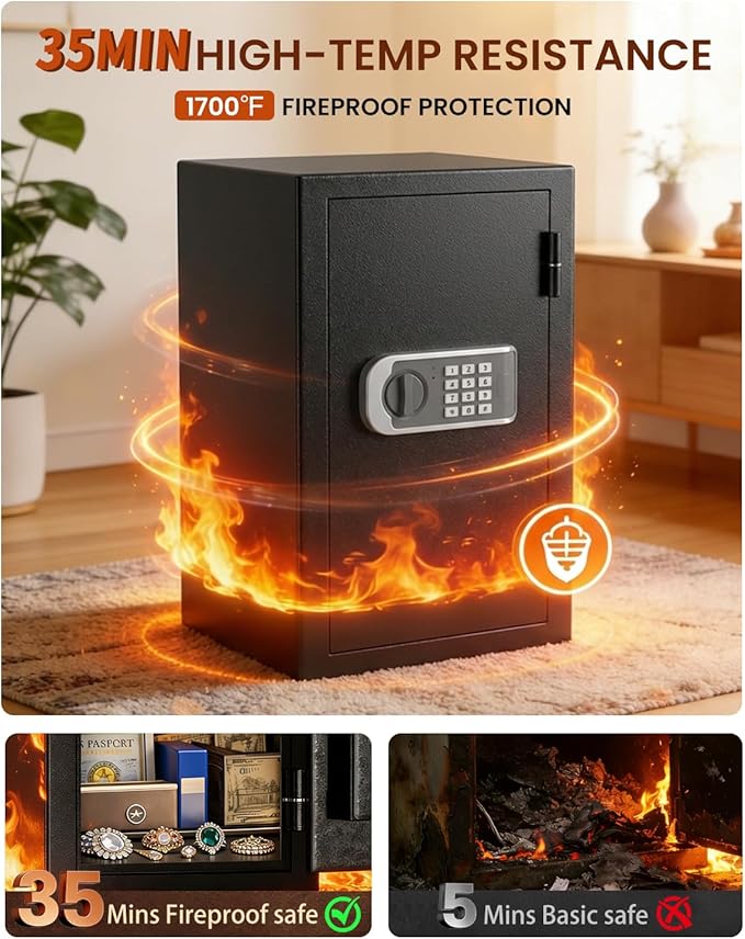 [2026 Upgraded] -35 Min Real Fireproof Safe-3.6 Cu Ft Large Safe for Home Use, Security Safe Box with Smart Alarm System, Wall & Floor Mount Anti-Theft Safe for Money Legal Documents Valuables Jewelry
