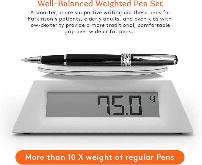 Special Supplies 3 Pack Weighted Pens for Hand Tremors, Low Dexterity, Poor Grip Strength, and Parkinson’s Patients, Storage Box and 3 Ink Refills Included