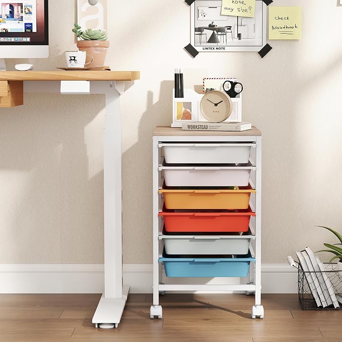 Giantex Rolling Storage Cart with 6 Drawers, Utility Cart w/Wooden Tabletop, Lockable Wheels, Multipurpose Organizer for Art Craft Scrapbooks Paper, Drawer Carts for Dorm Classroom Office, Macaron