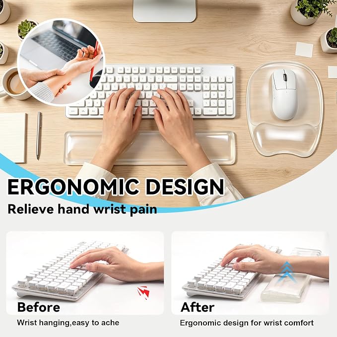 Gel Wrist Rest for Keyboard,Clear Keyboard Wrist Rest and Gel Mouse Pad Set | Ergonomic Gel Wrist Rest,Anti-Slip Keyboard Wrist Support and Mouse Wrist rest for Desktop Relieve Pain(Clear)