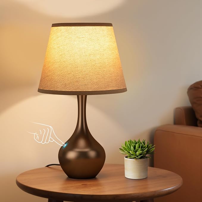 16.1" Touch Table Lamp for Nightstand, 3 Way Dimmable Small Bedroom Lamp | Touch Control, Bulb Included, Brown Bedside Lamps for Desk, Night Stands, Living Room, End Table, Corded
