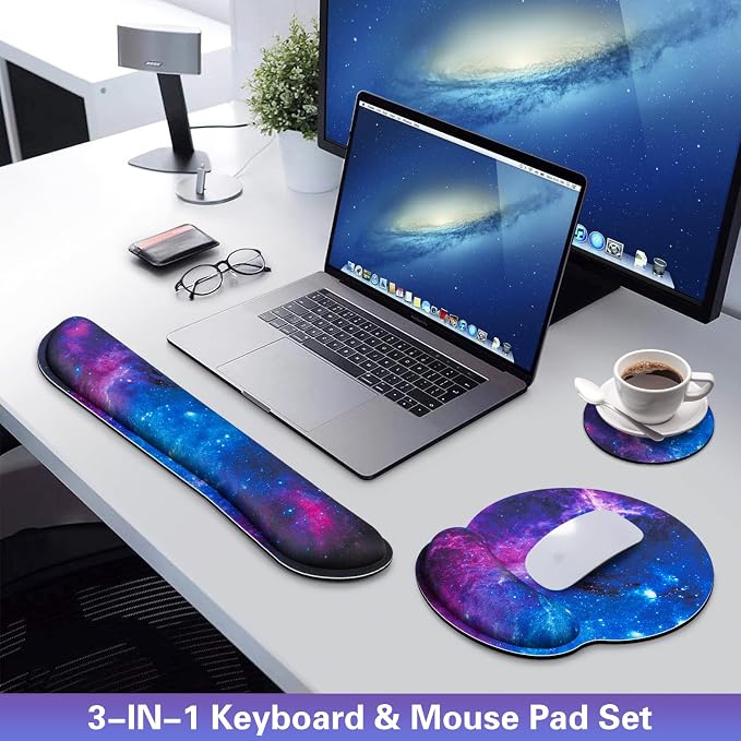 Desk Pad Galaxy, Mouse Pad with Wrist Rest, 3-in-1 Wrist Support Mousepad | Gaming Mat Pad with Anti-Skid Base,Ergonomic Memory Foam Keyboard Gel Wrist Rest, Office Desk Accessories