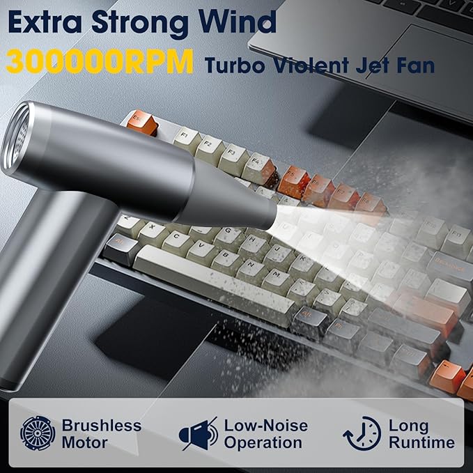 Metal Electric Compressed Air Duster, 300000RPM Brushless Motor with Stepless Speed, Rechargeable Cordless Mini Blower for Computer Keyboard Cleaning, Car Detailing, House and Outdoor Use(Grey)