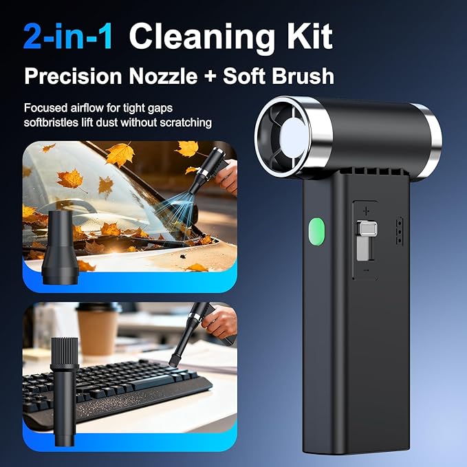 Mini Ultra-Slim Electric Compressed Air Duster, 150,000RPM Brushless Motor, Powerful Airflow for Keyboard/PC/Car, USB-C Rechargeable