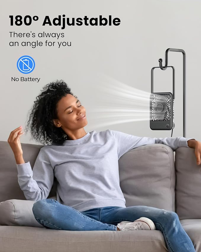 Koonie USB Desk Fan, Strong Wind Ultra Quiet Small Mini Fan | 180° Tilt Folding & 3 Speeds Adjustable, USB-C Corded Powered Personal Fan for Office Desktop Bedroom, Black, NO BATTERY