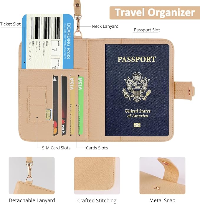 Passport Holder RFID Protected Wallet and Luggage Tag with Protection Cover Travel Accessories Leather Card Case Organizer for Women Men (Beige)