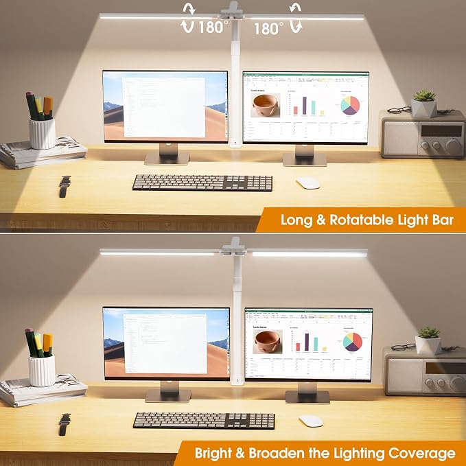 LED Desk Lamp for Home Office - Dimmable Computer Desk Light with Clamp, Modern Architect Task Lamp with Color Changing, Flexible Desktop Lamp with Gooseneck for Monitor, Double Head, White