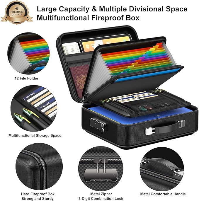 Fireproof Document Box with Lock, Hard Fireproof Document Organizer | Hard-Shell Fireproof Waterproof Documennt Box with Combination Lock Black