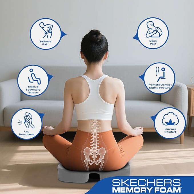 Skechers Seat Cushion, Ergonomic Memory Foam Cushion for Long Sitting Hours on Office & Home Chair, Car Seat Cushion for Sciatica, Coccyx Cushion,Gray