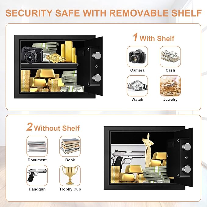 1.7 CUFT Home Safe Fireproof Waterproof, Anti-Theft Digital Security Personal Safe Box with Electronic Keypad and Removable Shelf, Small Fireproof Safe for Documents Money, Jewelry, Medications