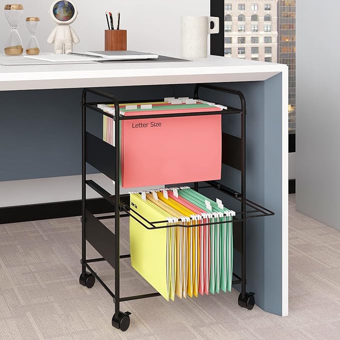 PUNCIA 2-Tier Metal File Cart with Wheels Pull-Out Rolling Folder Organizer | Black Mobile Hanging File Cabinet for Letter Documents Home Office Storage Easy to Move and Access