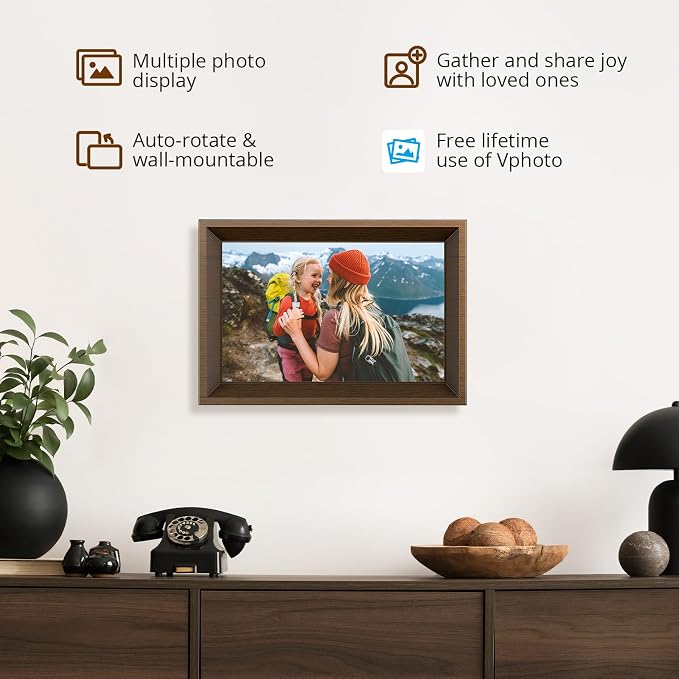 Dragon Touch Digital Picture Frame -10.1 WiFi Digital Photo Frame for Gifts,Show Videos on Auto-Rotate & Wall-Mountable Touch Screen Frame,Easy Share, Send via Phone APP, Email,Wood Brown