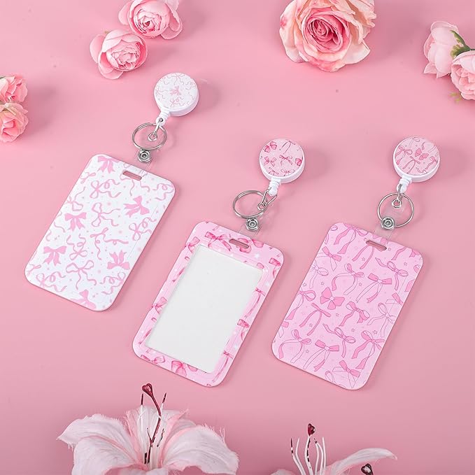 3 Set Bow Badge Holder with Valentines Day Badge Reel Retractable ID Badge Holders with Clip Name Badge Holders for Teacher Nurse Doctor Student Office Workers