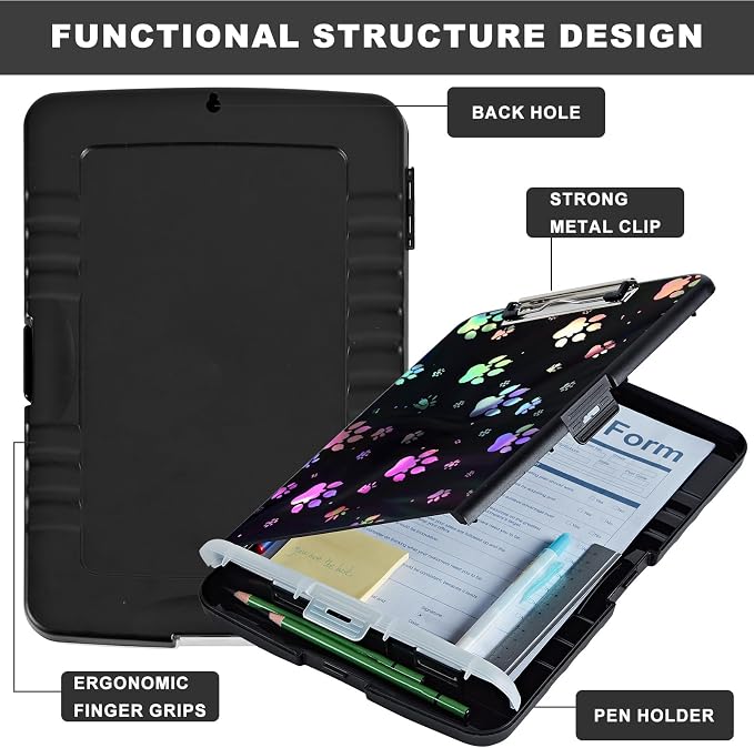 Clipboard with Storage,Storage Clipboard with Pen Holder,Heavy Duty Plastic Storage Clipboard with Low Profile Clip,Teacher Must Haves,Clipboard Folder,Office Supplies,Color Dog Paw -1347