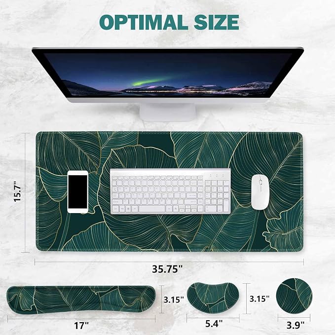 ToLuLu Extended Gaming Mouse Pad, Ergonomic Keyboard Mouse Wrist Rest Set | Large Desk Mat with Stitched Edges, Non-Slip Base Memory Foam Mousepad Support for Home Office Game, Green Golden Leaves