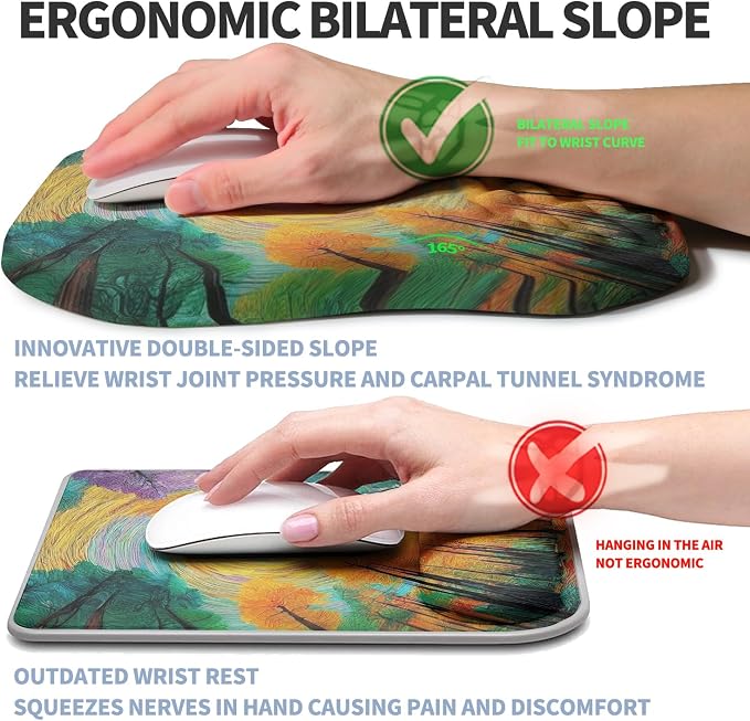 Ergonomic Raised Mouse Pad Wrist Support with Bilateral Slope Memory Foam Mousepad for Wrist Rest and Carpal Tunnel Pain Relief 11.8x7.9〃Fantasy Forest Realm