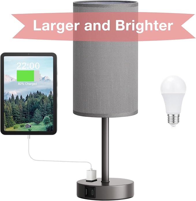 Grey Nightstand Bedroom Lamp - 3 Way Dimmable Bedside Lamp USB C A Charging Ports and AC Outlet, Small Table Lamp Linen Lampshade for Office Desk