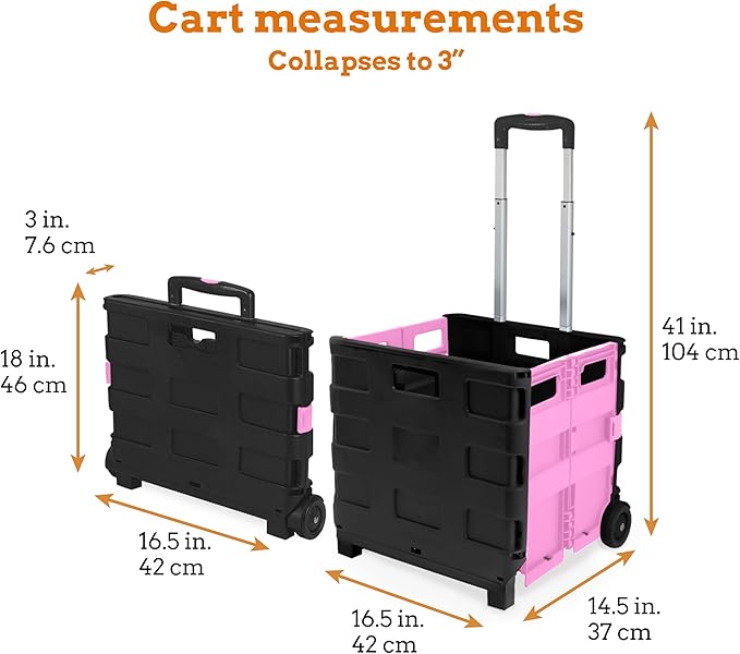 Ultra-Slim Rolling Collapsible Storage Pack-N-Roll Utility-carts, with Telescopic Handle, for Home, Garden, Shopping, Office, School use, Large, Pink & Black