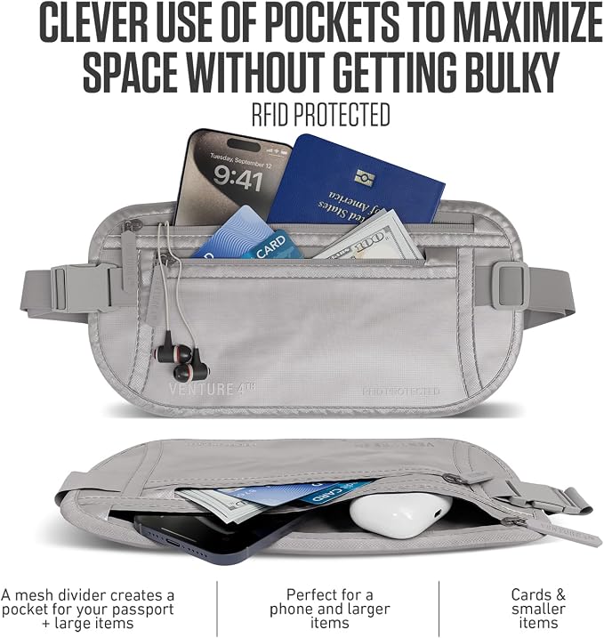 VENTURE 4TH Travel Money Belt, RFID Blocking Passport Holder - Sleek Silver