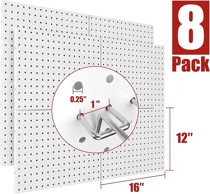 8 Pack Metal Peg Board Panels with 50 Hooks, White | Heavy Duty Wall Mount Storage System for Garage Tools, Workbench, Office & Home Organization