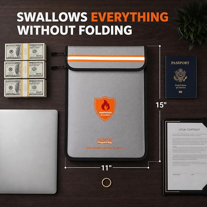 Non-Itchy 2200°F Fire Proof Bag for Documents, 15x11 A4 Storage Pouch | Fire Proof Money Bag for Cash, Fits A4 Files Flat, Reflective Night Strip, Dual-Pocket, Water-Resistant Zipper