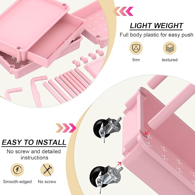 Goovilla 4 Tier Rolling Utility Cart Organizer with Removable Drawer, Pink | Stable and Sturdy Rolling Storage Carts with 2 Lockable Wheels for Bathroom, Kitchen, Snack, Craft, Makeup, Baby Essentials