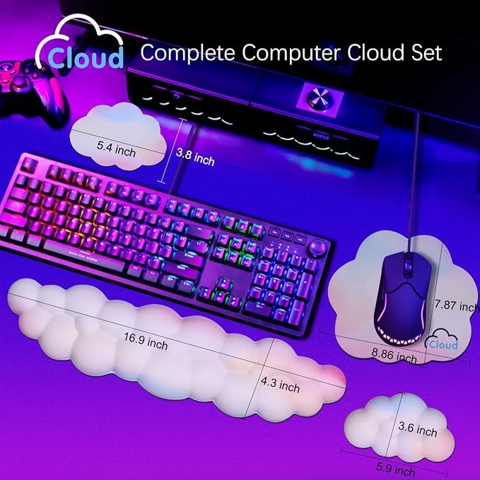 4 in 1 Ergonomic Leather Cloud Wrist Rest Keyboard and Mouse Pad & Coaster | Full 4-Piece Set, Non-Slip PU Base, Soft Memory Foam Comfort For Long Work/Gaming Hours, Cute Desk Decor, Easy To Clean