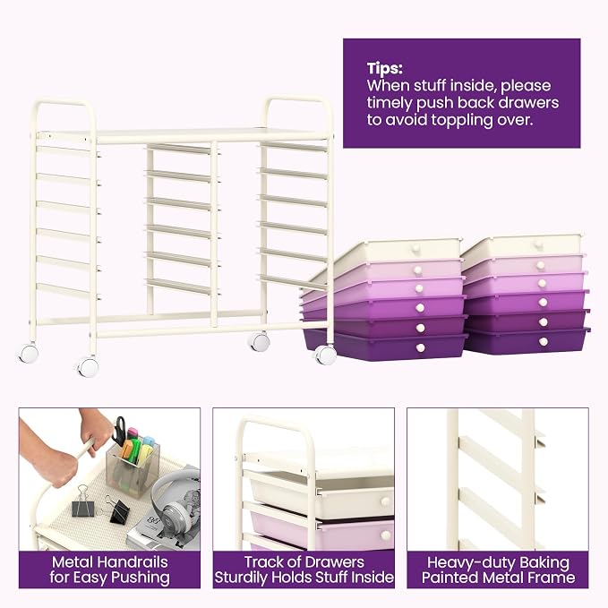 COSTWAY 12-Drawer Rolling Storage Cart, Utility Storage Organizer Cart | For Tools, Scrapbook, Paper, Craft, Multipurpose Art Supply on Wheels for Home Office School, Teacher, Purple Gradient
