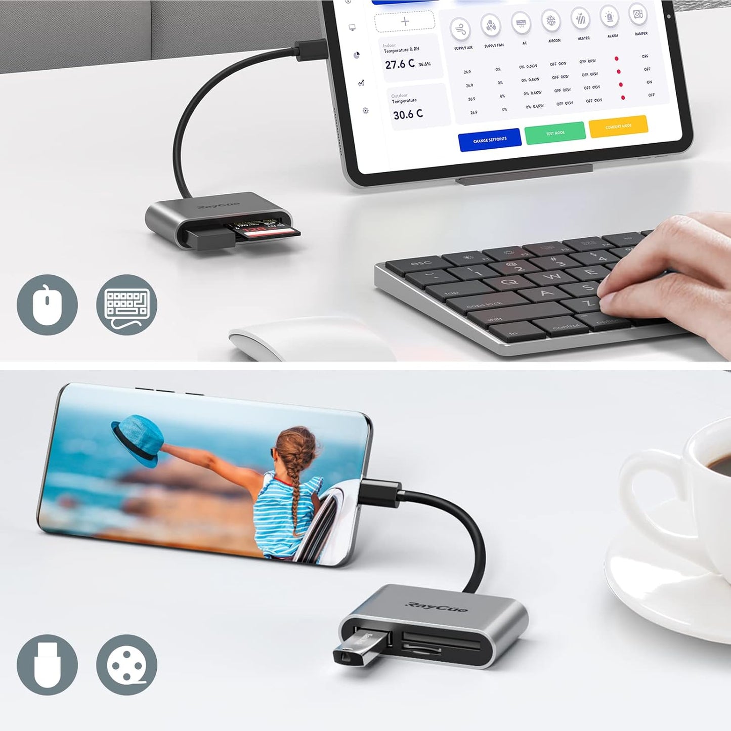 RayCue USB C SD Card Reader Adapter, Type C Micro SD TF Card Reader Adapter, 3 in-1 USB C to USB Camera Memory Card Reader Adapter for iPhone 15,New Pad Pro MacBook Pro/Air, and More UBC C Devices