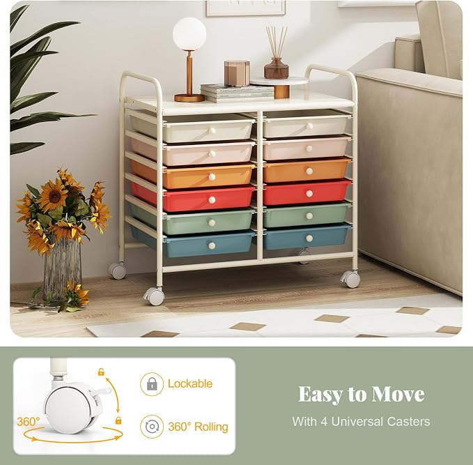 RELAX4LIFE 12-Drawer Rolling Storage Cart - Mobile Utility Cart on Wheels for School Classroom Teacher Office Salon, Paper File Art Supply Craft Organizer, Rolling Cart with Drawers (Macaron)