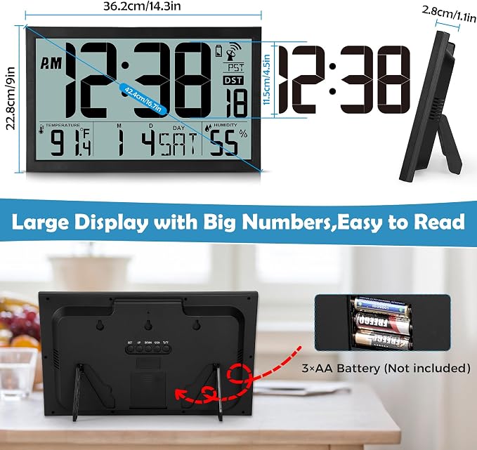 SZELAM Atomic Clock,16.7" Large Display Digital Wall Clock Battery Operated,Digital Calendar Auto Setting Desk Clocks with Indoor Temperature, Humidity,Date,Day,Auto DST for Elderly Bedroom Classroom