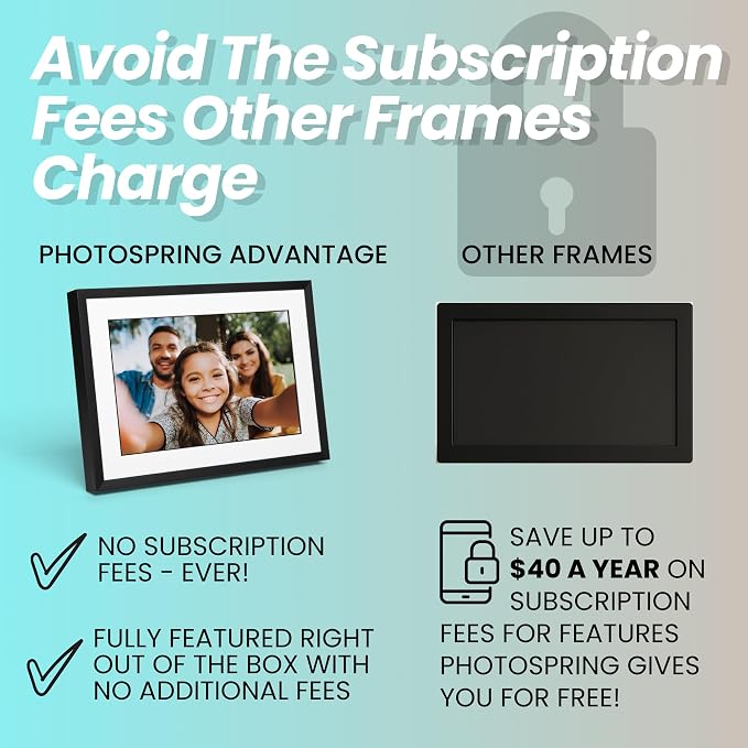 PhotoSpring No Subscription, 10in WiFi Digital Picture Frame, Email App Web, USA Company, 32gb Touch Screen, Play Videos up to 5min