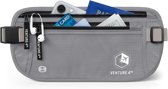 VENTURE 4TH Travel Money Belt, RFID Blocking Passport Holder - Silver