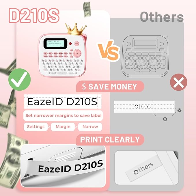 Pink Label Maker Machine with-Tape, Portable Kids Label Maker, QWERTY Keyboard Labeler Handheld, D210S Easy Labeler with Multiple Fonts Frame Barcode for Home Office School Supplies