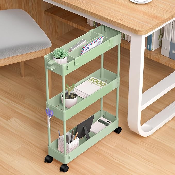 Slim Storage Cart 3 Tier,Bathroom Organizer Rolling Utility,Mobile Shelving Unit Slide Out for Office, Kitchen, Laundry Room & Narrow Places，Green