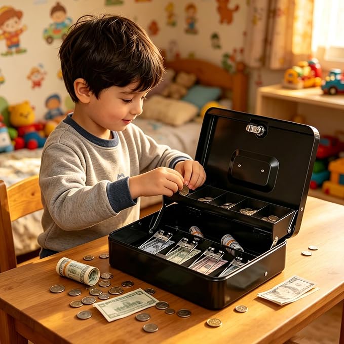 KYODOLED Cash Box with Top Key Lock–0.7mm Metal Money Box for Flea Market Vendors, Craft Fairs & Small Business, Portable Cash Drawer with Auto-Pop Coin Tray & Windproof Bill Clips (11.8", Black)