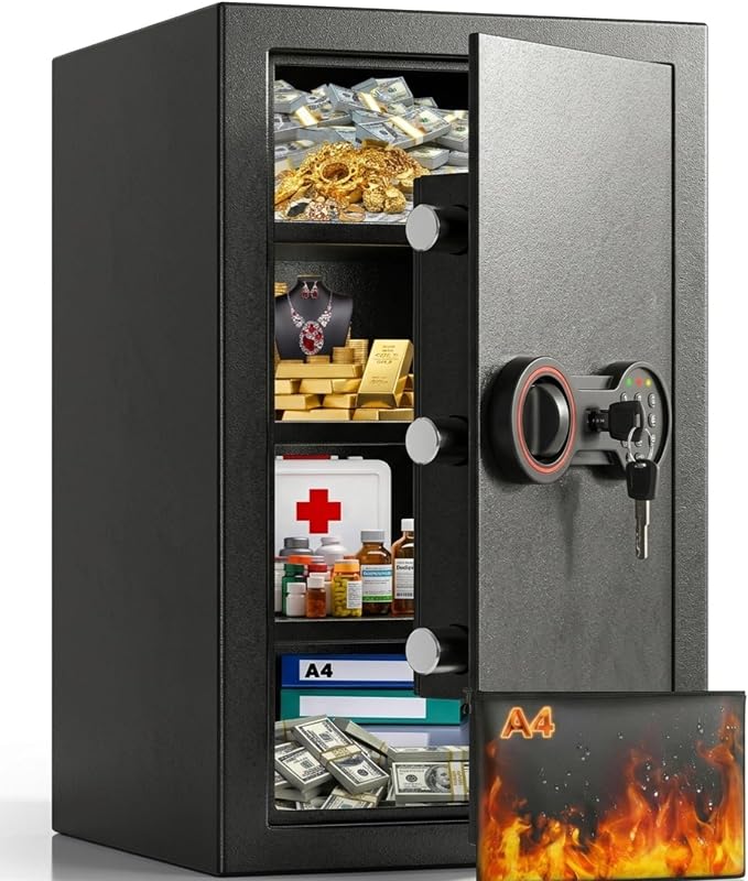 [23.6" Tall] Large Safe Box with Fireproof Bag for Home Use | LED Light, Digital Keypad, Spare Keys and 3 Removable Shelves, Wall/Floor Mountable Security Safes for Documents