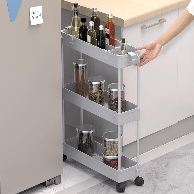 Slim Storage Cart 3 Tier,Bathroom Organizer Rolling Utility,Mobile Shelving Unit Slide Out for Office, Kitchen, Laundry Room & Narrow Places,Gray
