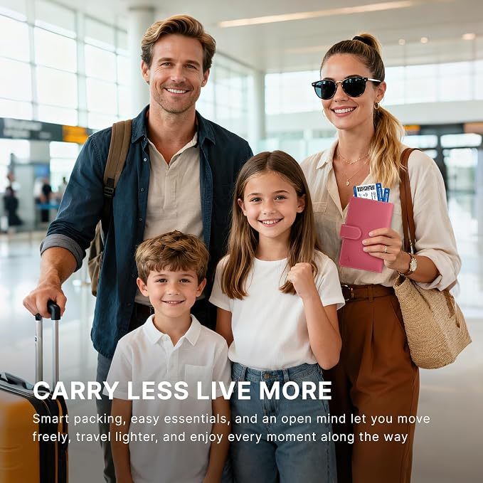 ALLIVE passport holder for travel family of 4, RFID Blocking Passport Wallet Document Organizer for Women & Men, Genuine Leather Cover with AirTag holder, Airport Essentials, Travel Gift (Rose Pink)