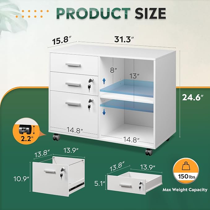 DEVAISE 3-Drawer File Cabinet with Lock, Mobile Wood Filing Cabinet, White | Rolling Printer Stand, Office Cabinet, Open Storage Shelves, Letter & A4 Compatible, Home Office, Under Desk Storage