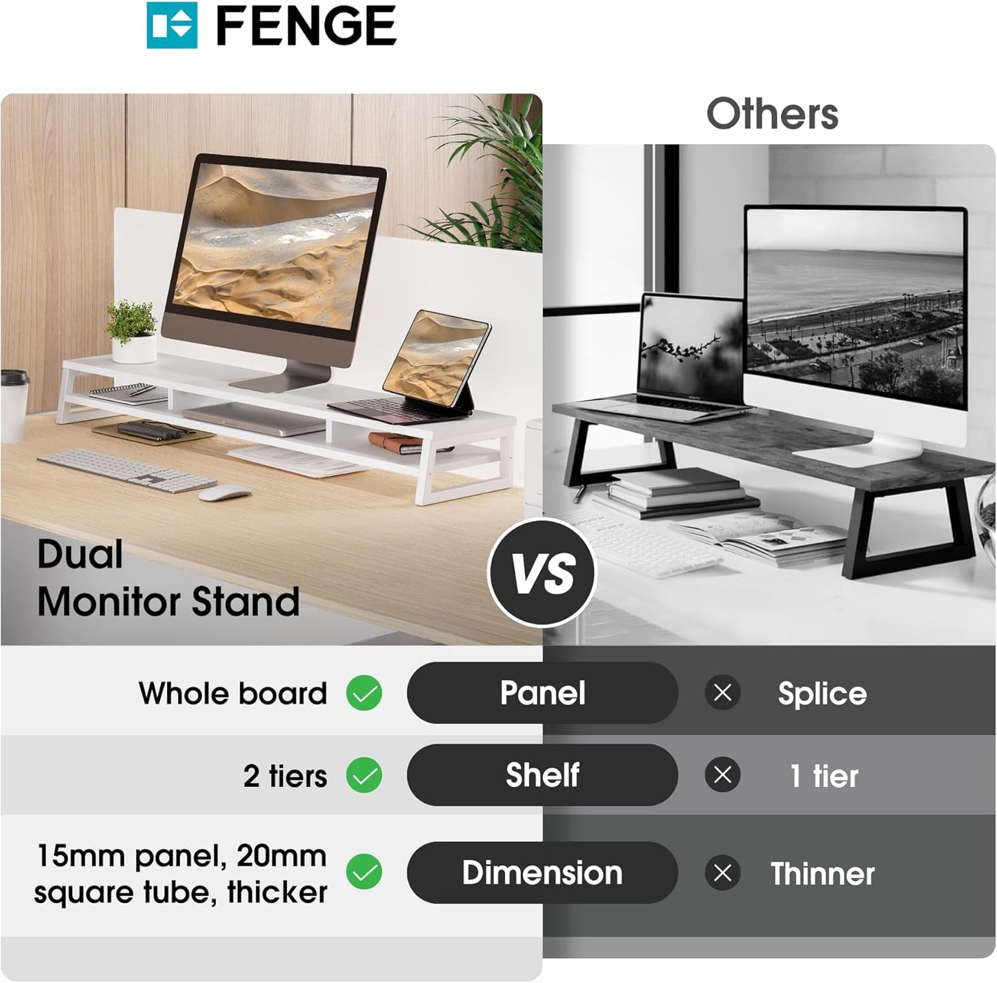 Fenge Dual Monitor Stand for Desk, 42.5in Large Monitor Riser for 2 Monitors, 2 Tier Computer Office Desk Top Shelf, Desktop Storage Stand for Laptop, PC, Computer, Printer
