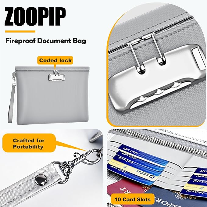 Fireproof Document Bag with Lock, ZOOPIP 14.6"x10.5" Fireproof and Waterproof Money Bag with Zipper Closure, Storage Pouch for A4 Letter Size Document, Cash, Cell Phone, Passport-Gray