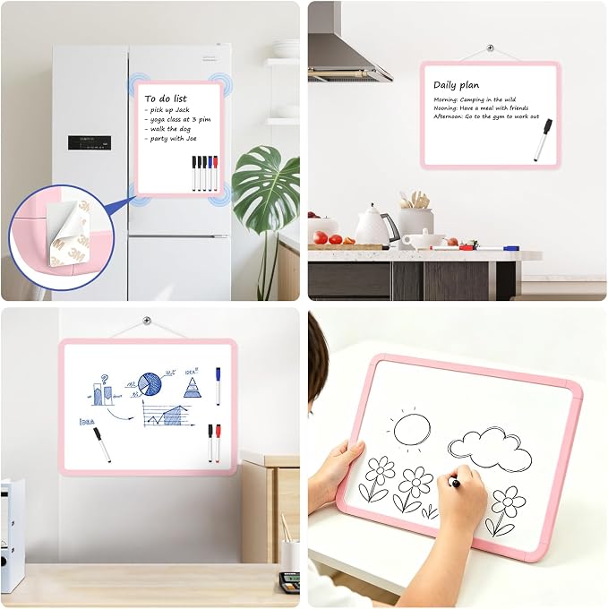 Small Wall White Board, 11" x 14" Mini Double-Sided Magnetic Dry Erase Board with Plastic Frame, Hanging Whiteboard with 5 Markers for Kids Students School Kitchen Home & Office, Pink