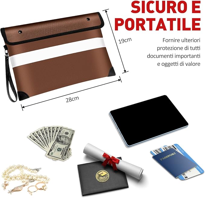 Vailoin 6200°F Fireproof Money Bag, 8 Layers of Heat Insulated Materials | Double-sided Reflective Strip, Waterproof Zipper,Certified to SGS UL94 V-1, for Tablet, Cash, A5-sized documents（Brown）