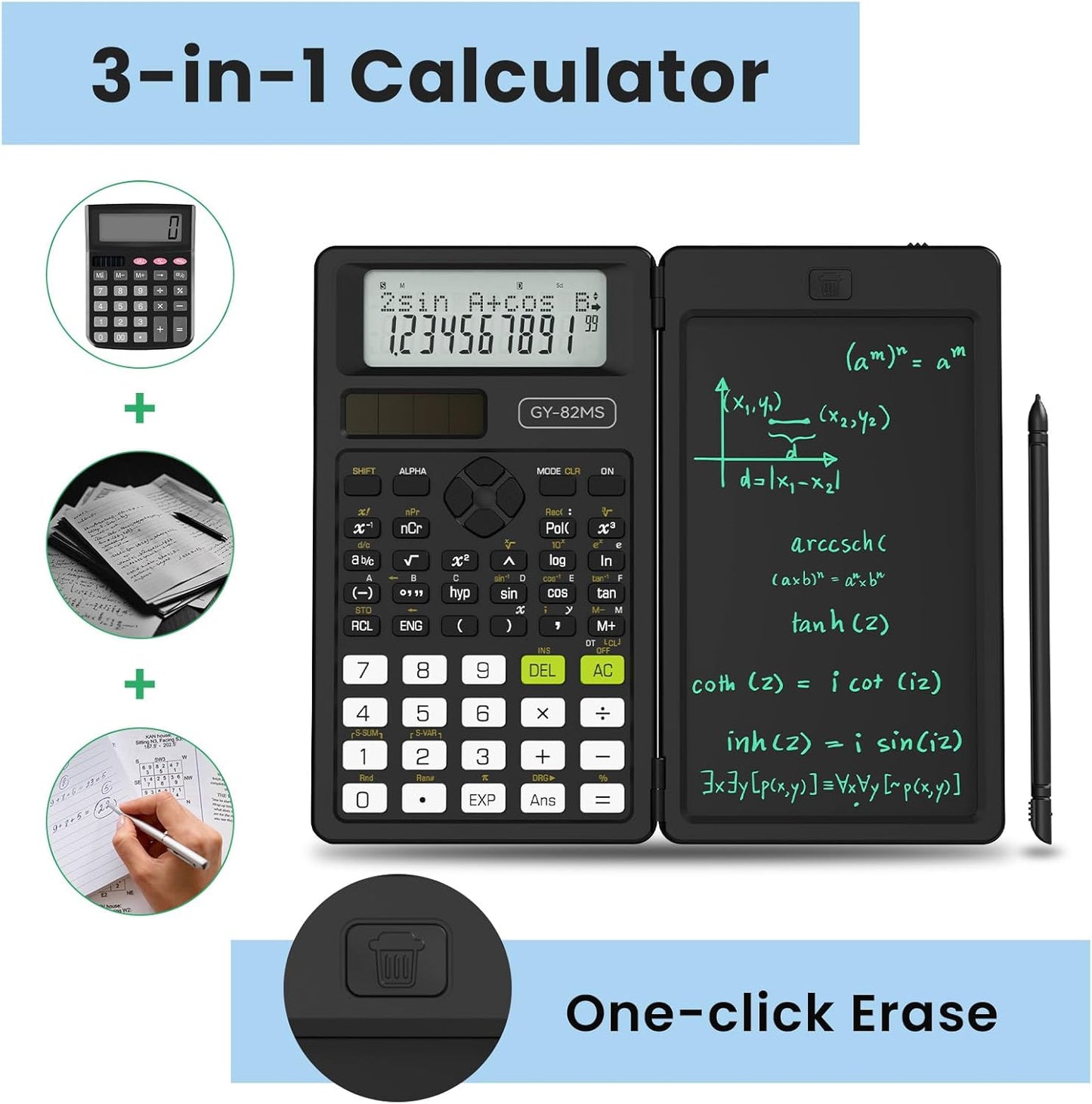 Scientific Calculators for School with Notepad, ROATEE Middle and High School Supplies for Student, 82 MS Foldable 2-Line Display Science Calculator with Writing Tablet, Solar and Battery Power Black
