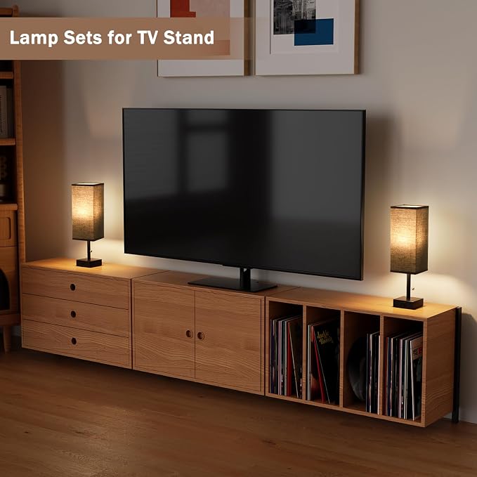 Bedside Lamp for Bedroom Set of 2 - Black Table Lamp for Nightstand | AC Outlet, 3 Color Temperatures, LED Bulb Included, Pull Chain Design, 14" Rectangular Desk Lamp for Dorm/Office, 2-Pack