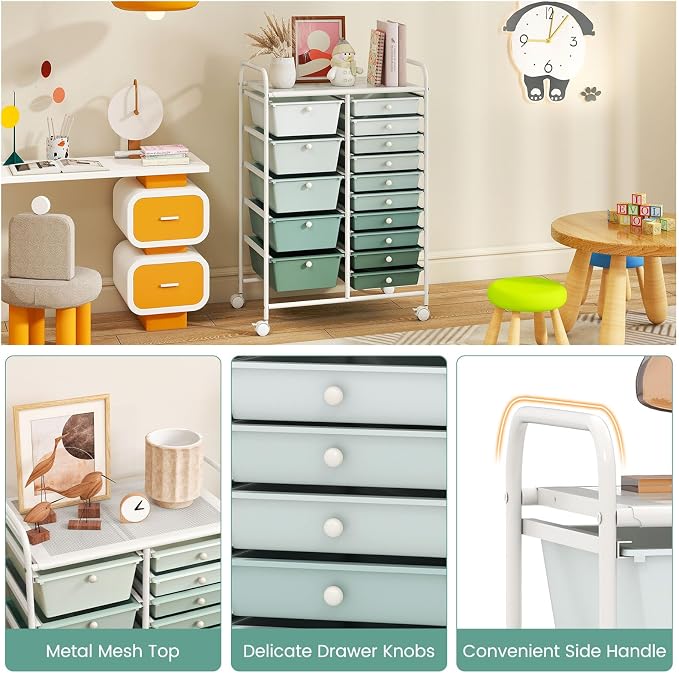 GLACER 15 Drawers Rolling Storage Cart, Steel Frame Craft Organizer Cart | Utility Cart w/ Lockable Wheels & Handle, Mobile Art & Tool Supply Trolley for Teacher, Home, School, Office (Green Gradient)